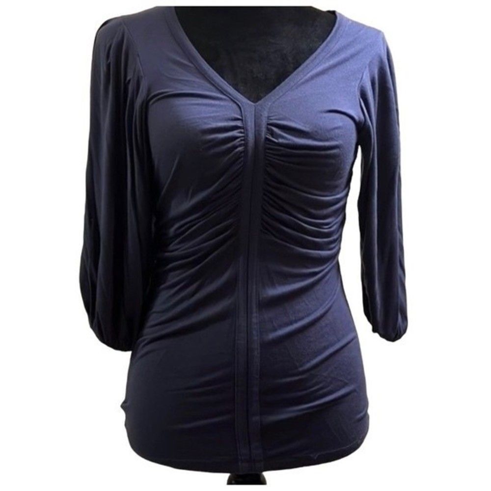 Kenar Gathered Fabric V Neck Top Size S Dark Blue